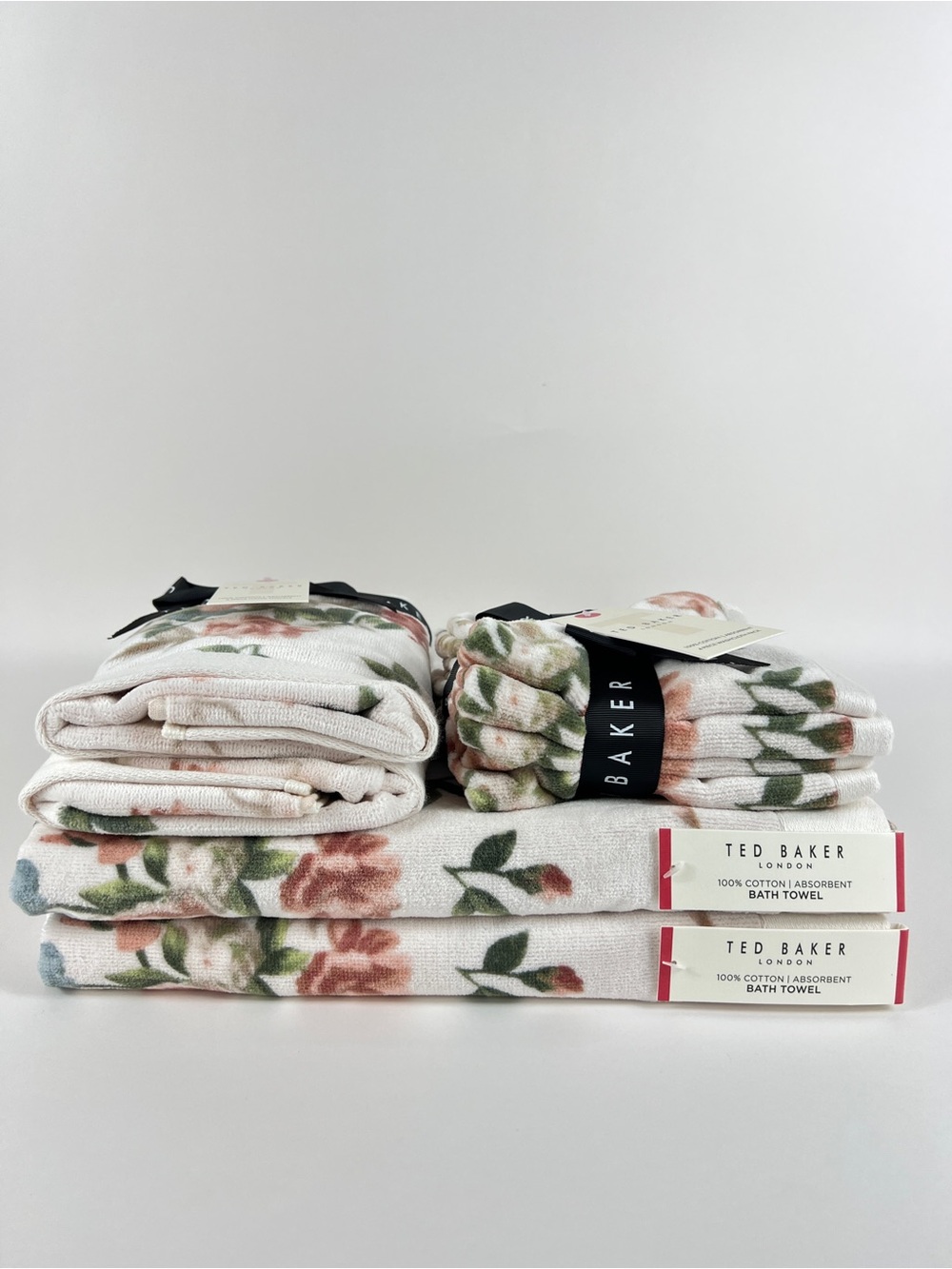 Ted Baker Bath Towel Set Pink Green White Floral 100% Cotton Velour 8 Pc NEW